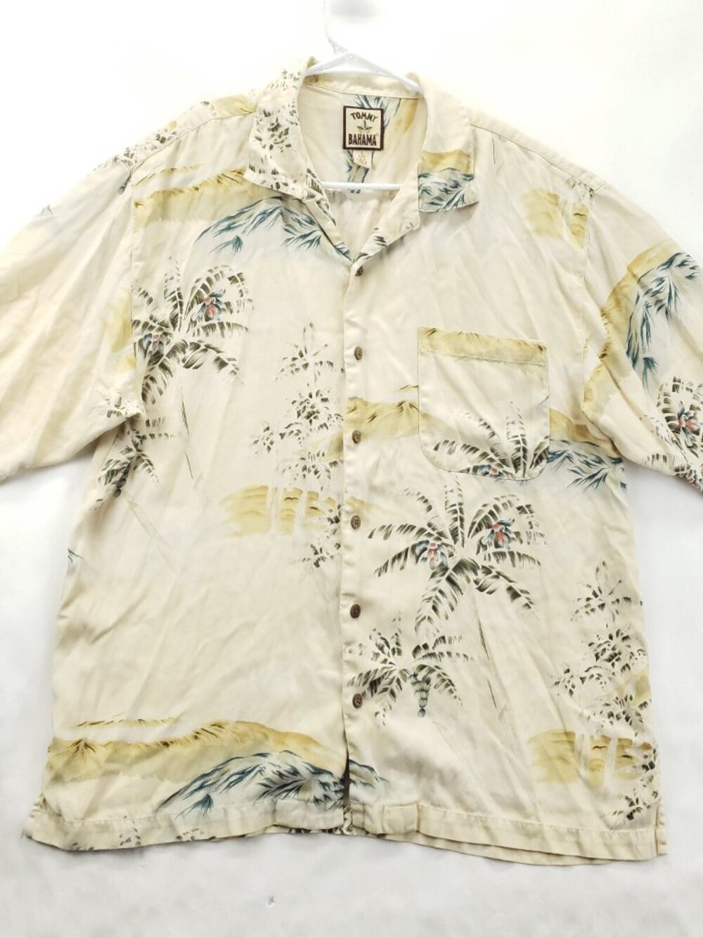 Tommy Bahama Shirt Mens Large Ivory 100% Silk Hawaiian Camp Classic Button-Up